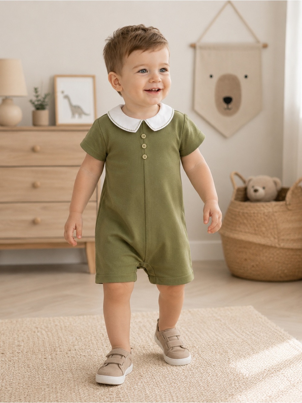 Edgehill Collection Olive Green Boy’s Romper Sz 24M Peter Pan Collar NWT